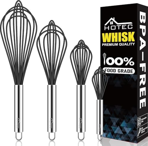 HOTEC 4 Pieces Silicone Whisks Set, Wire Balloon Whisks for cooking Egg Beater, Non-slip Handle Whisk for Non-stick Cookware Perfect for Cooking, Stirring, Beating and Blending,Black