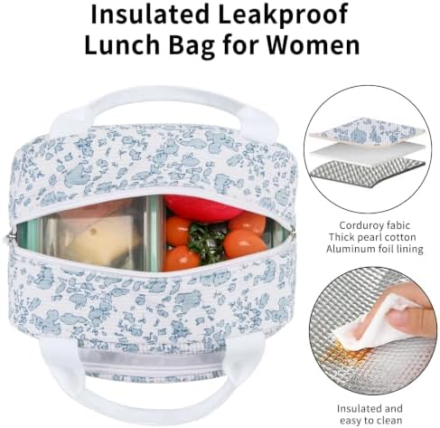 Lunch Bag Women Lunch Box for Women Adult Cute Insulated Lunch Bag Small Cooler Lunch Tote Bags for Work Picnic Travel (Blue-Floral)