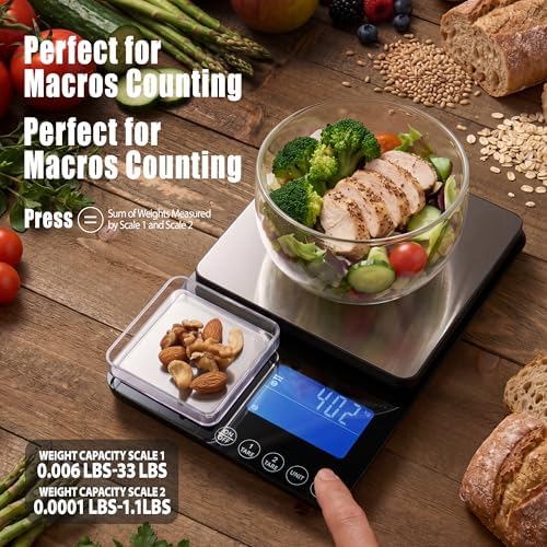 Dual Platform Kitchen Scale, Digital Food Scale with Dual Display, Two Scales in One for Heavy and Precise, 33lb/0.01g/0.001oz, Stainless Steel, 7 Units Tare, for Baking, Sourdough, Cooking