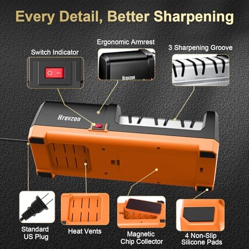 2026 New Electric Knife Sharpener for Kitchen Knives, 3-Stage Professional Automatic Quickly Sharpening/Polishing System with 100% Diamond Abrasives, 20° Precision Angle, Non-Slip Base, Black/Orange