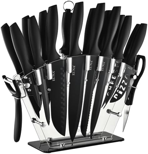 EUNA Kitchen Knife Set, 19 PCS Black Knife Set with Acrylic Block and Sharpener, German High-Carbon Stainless Steel Knife Sets with 6 Serrated Steak Knives, Bread Knife, Chef Knife, Dishwasher Safe