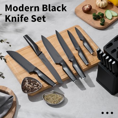 E-far Knife Set, 15-Piece Kitchen Knife Block Set with Sharpener, Black