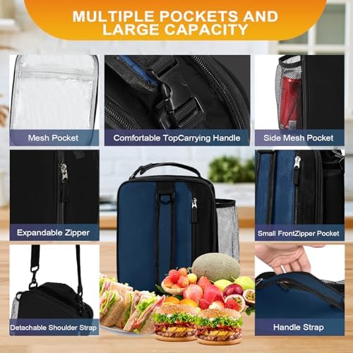 Lunch Box Insulated Lunch bag for Men Teen Kids Boys Adult Portable Stylish Small Lunchbox Special Design for Working Office school Picnic (Navy Blue 10L10L(Expandable with Shoulder Straps))