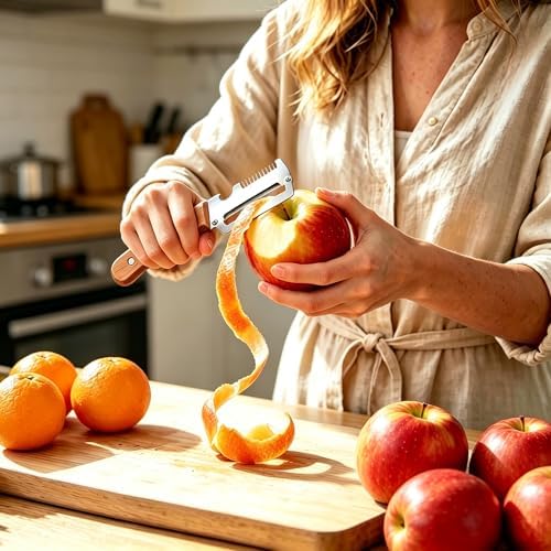 Multifunctional Vegetable Peeler,3 in 1 Stainless Steel Potato Peeler with Bottle Opener,Wooden Handle Fruit&Veggie Peeler for Kitchen,Carrot Apple Peeling Tool, GreenOnion Shredder Kitchen Gadget
