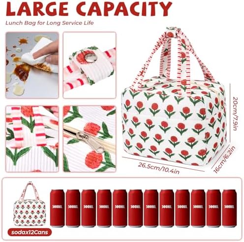 Lunch Box for Women, White Cute Floral Insulated Reusable Lunch Bag