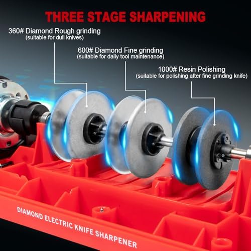 Electric Knife Sharpener,Professional kitchen knife sharpener,Diamond abrasive and precision Angle guide 3 stage slot home sharpener,Sharpening and Polishing, Red