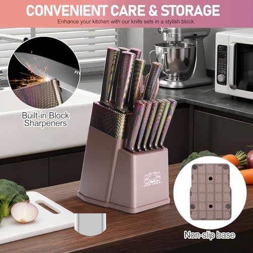16-Piece Kitchen Knife Block Set with Cutting Board - German Stainless Steel Knives, Built-In Sharpener, Dishwasher Safe, Anti-Slip Handle - All-in-One Cutlery Set for Home/Kitchen (Pink)