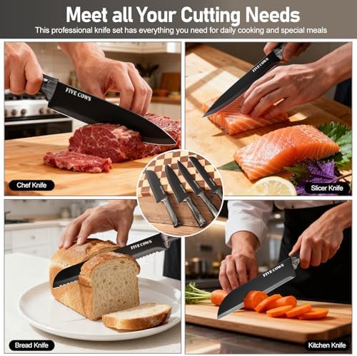 16-Piece Kitchen Knife Block Set with Cutting Board - German Stainless Steel Knives, Built-In Sharpener, Dishwasher Safe, Anti-Slip Handle - All-in-One Cutlery Set for Home/Kitchen (Black)