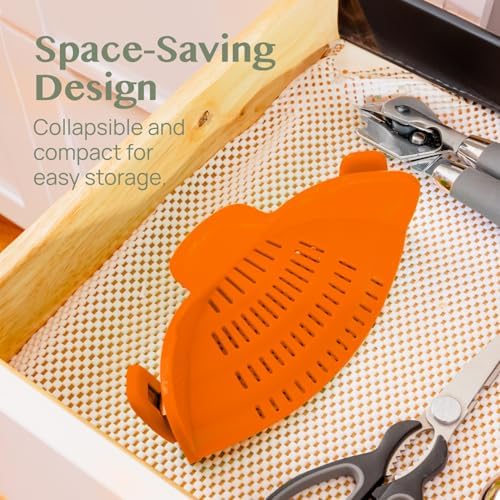 Kitchen Gizmo Snap N Strain Clip On Strainer for Pots and Pans - Adjustable Silicone Colander for Kitchen - Compact Clip-On Food Strainer for Draining Pasta and Vegetables - Orange