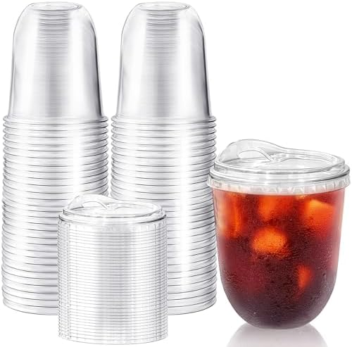 50 Pack 12 oz Clear Plastic Iced Coffee Cups with Strawless Sip Lids