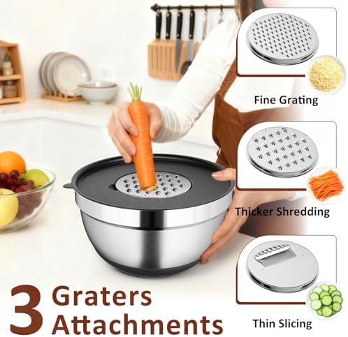 9 Pack Mixing Bowls with Airtight Lids & Grater Attachments, Black