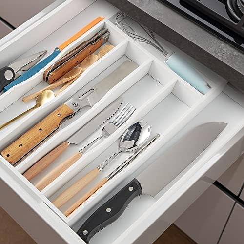2-Piece Expandable Bamboo Kitchen Drawer Organizer for Cutlery and Utensils, Adjustable Bamboo Wood Cutlery Tray in Drawer for Flatware and Silverware in Kitchen, (White)