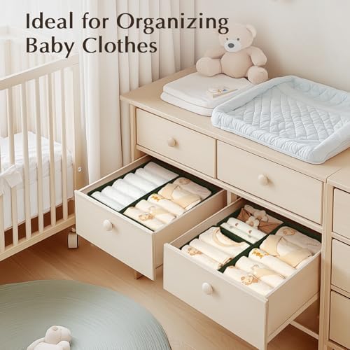DIMJ Drawer Organizers Clothes, Set of 4 Dresser Organizer Bins, Fabric Closet Organizers and Storage, Shallow Drawer Dividers for Nursery, Clothing, Baby Clothes, Socks, Underwears, Tie (Green)