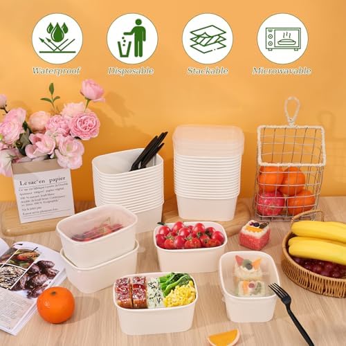 DI QIU REN 50-Pack 35oz Disposable Meal Prep Containers with Lids & Forks, Kraft Paper Bowls To Go Take Out Food Containers with Lids, Microwave & Freezer Safe (White Kraft Paper, 35oz 50 Count)