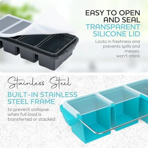 XOMOO Silicone Freezer Tray With Lid - Soup Freezer Container molds - Large Ice Cube Tray- makes 8 perfect 1 cup portions cubes, 2-Pack Freezer Storage Food Soups & Meal Prep - Oven & Dishwasher -Safe