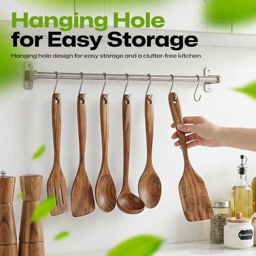 AIUHI 12.5" Teak Wood Spatula for Cooking, Non-Stick Safe Wooden Turner with Comfortable Ergonomic Handle, Easy to Clean & Long-Lasting Flat Frying Spatula, Ideal for Flipping Eggs, Pancakes & Fish