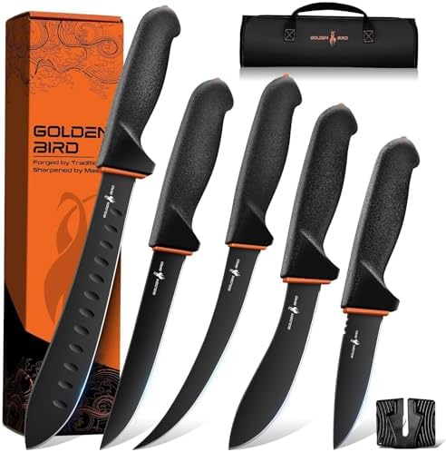 Golden Bird Butcher Knife Set - Non-slip Skinning Knife Set with Roll Bag