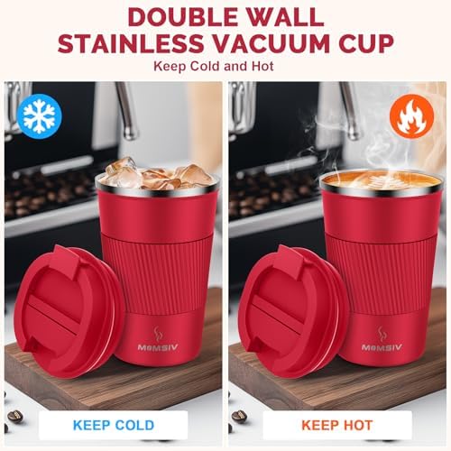 MOMSIV 12oz Travel Coffee Mug, Insulated Coffee Cup with Leakproof Lid Red