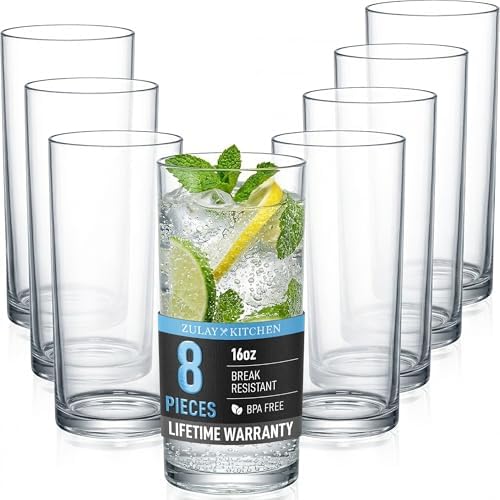 Zulay Kitchen Plastic Drinking Glasses (Set of 8) – 16oz Acrylic Shatterproof Water Cups for Home, Kitchen & Outdoors – Crystal Clear Glass Look – BPA & Lead-Free – Top-Rack Dishwasher Safe