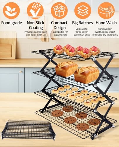 4 Tier Collapsible Cooling Rack, 2/3/4-Tier Upgraded,Adjustable ＆ Stackable Baking Rack, 5 Modes Cooling Racks for Cooking and Baking, Roasting ＆ Grilling Gifts for Picnic Party