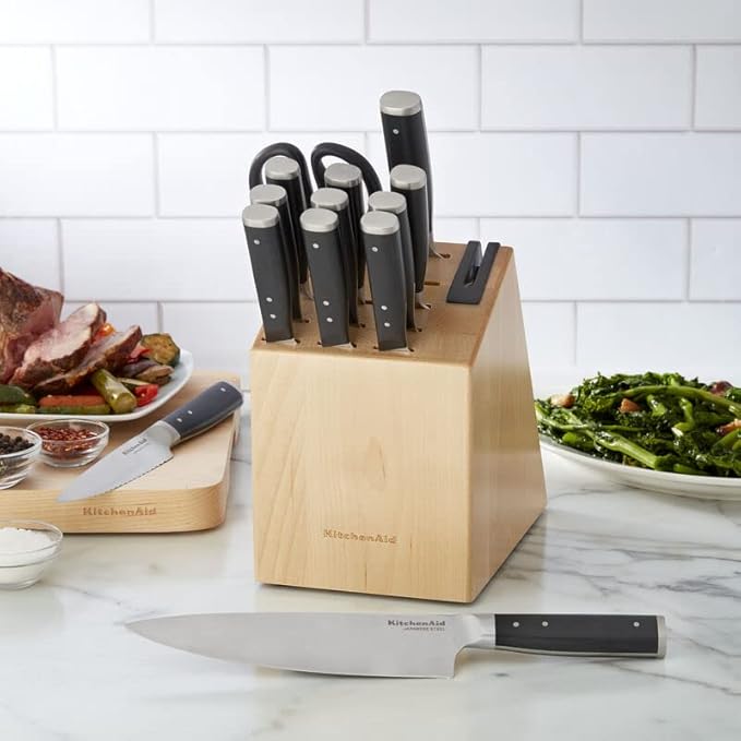 KitchenAid Gourmet Forged Triple Rivet Knife Block Set with Built-in Knife Sharpener, High Carbon Japanese Stainless Steel Kitchen Knives, Sharp Kitchen Knife Set with Block, Birchwood, 14-Piece
