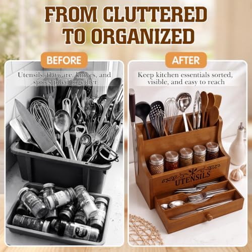 Wooden Kitchen Utensil Holder with Magnetic Knife Block, Brown