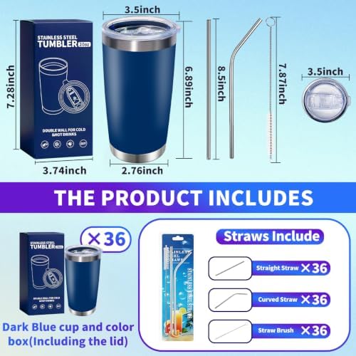 HAOLI 36 Pack Bulk 20oz Stainless Steel Tumblers, Lids & Straws, Dark Blue