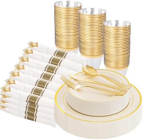WELLIFE 210PCS Ivory Plastic Plates for 30 Guests - Gold Plastic Plates, Platos Para Fiestas Elegantes Desechables, Disposable Plate for Party and Wedding