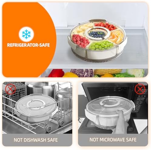 Divided Serving Tray with Lid and Handle, Stackable Snackle Box Container for Fruits Candy Organizer, Portable Spinning Rounded Veggie Tray for Kitchen, Party, Trave and Picnic-1 PACK
