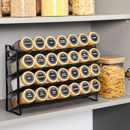 AOZITA Spice Rack Organizer for Cabinet, 28 Empty Spice Jars with Bamboo lids, Funnel, Spice Labels, Seasoning Organizer for Countertop, Cabinet, Kitchen, Pantry, Cupboard