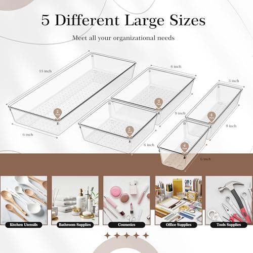Criusia 14 PCS Clear Plastic Drawer Organizer Set - 5 Large Size Versatile Kitchen and Bathroom Organizer Trays, Non-Slip Storage Bins for Makeup, Utensils, Tool and Office Desk