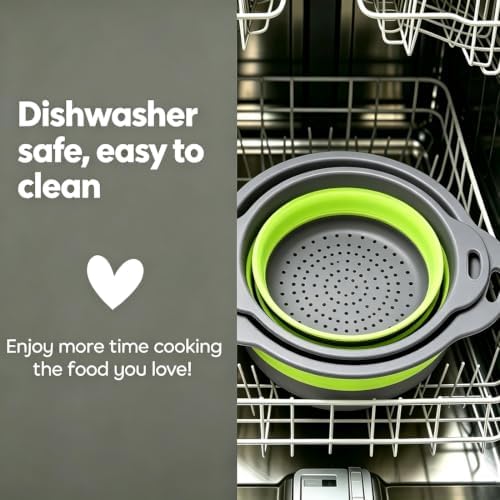 AUOON Collapsible Colander Set (3QT + 4QT) with Draining Base, Gray+Green