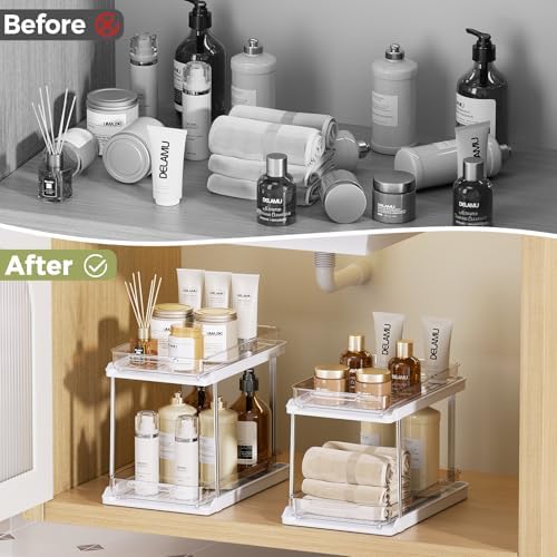 Delamu 2-Tier Bathroom Under Sink Organizers and Storage, Pull Out Cabinet Drawers with Anti-Slip Design, Multi-Purpose Storage for Kitchen, Pantry, Bathroom & Home Organization, White, 1 Pack