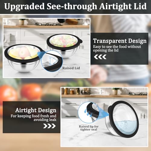 P&P CHEF Metal Mixing Bowls with Lids Set, Visible Airtight Lids & Black