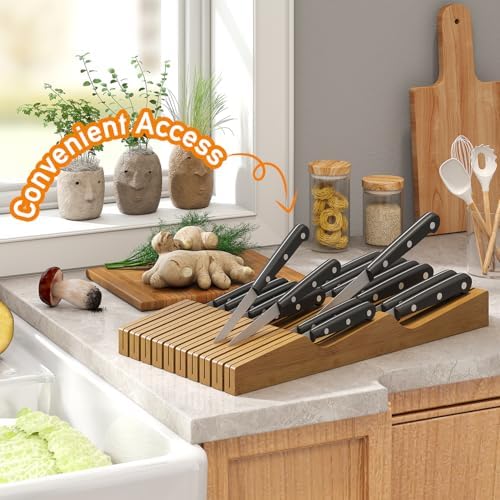 In-Drawer Knife Block Organizer - Bamboo Wood Drawer Knife Organizer-Protecting Knife Organizer Block (Not Included) (Brown, 19 Knives Dock)