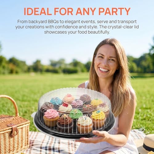 Frcctre 6 Pack 16 inch Plastic Serving Tray with Clear Lid, Heavy Duty Round Large Appetizer Serving Trays Catering Tray Party Platters for Vegetable Catering Picnic