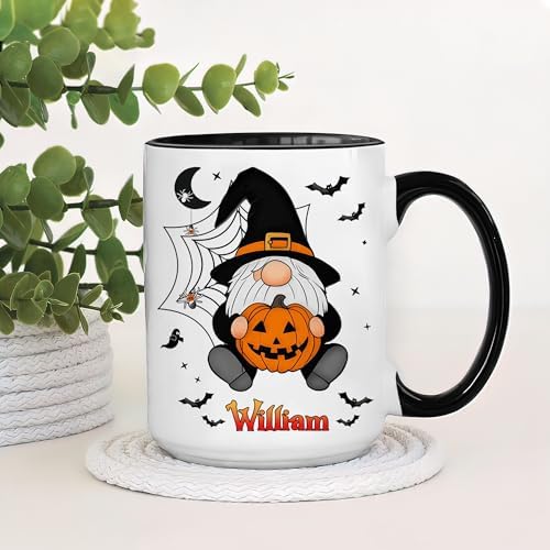 Hyturtle Custom Halloween Gnome Mug with Name – Pumpkin Witch Gnome Coffee Cup – Personalized Spooky Season Gift for Women – Halloween Decor – 11oz Ceramic Mug