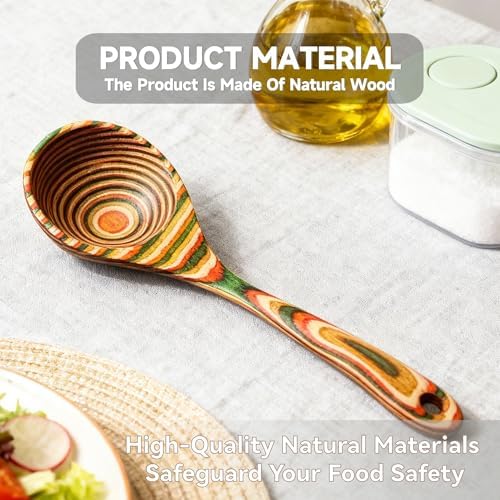 Wooden Cooking Spoon - 10.6-inch Deep Soup Ladle with Long Handle - Thick & Vibrant Colors, Solid Wood for Cooking, Serving, Stirring