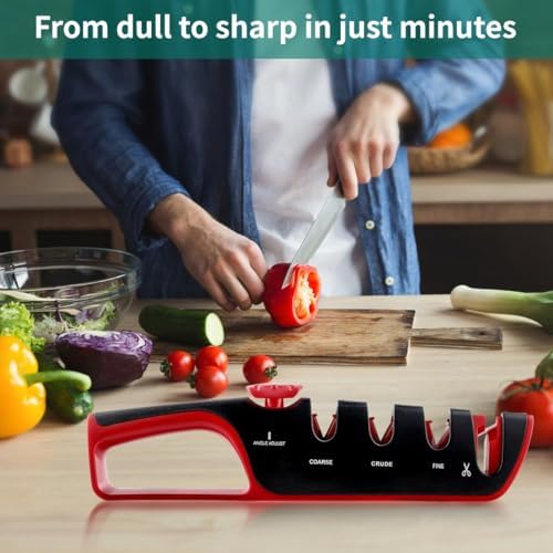 4-in-1 Manual Knife Sharpener – Best Kitchen Knife Sharpener with Tungsten Carbide & Ceramic Stones for All Knives & Scissors | Non-Slip, Adjustable Angle, Knife Sharpening Kit for Home Chefs