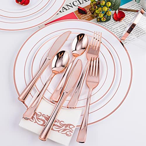 N9R 300PCS Rose Gold Plastic Silverware, Disposable Cutlery & Utensils
