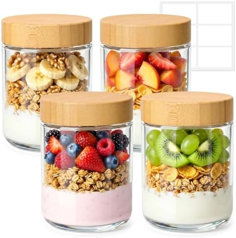 ComSaf Overnight Oats Containers with Lids 16 oz, Small Glass Jars 4 Pack