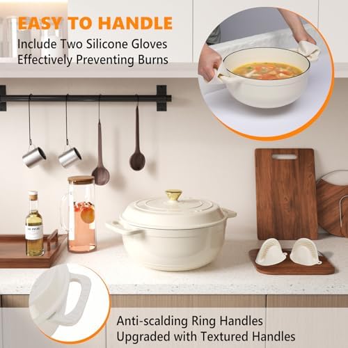 Bonnlo 6QT Round Dutch Oven, Enameled Cast Iron Dutch Oven Pot with Lid & Dual Handles, Oven Safe Up to 500° F, for Sourdough, Bread Baking, Stews and Roasting, White