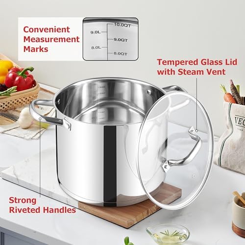 LIANYU 10 Quart Pot with Lid, 10 QT Tri-ply Stainless Steel Stockpot
