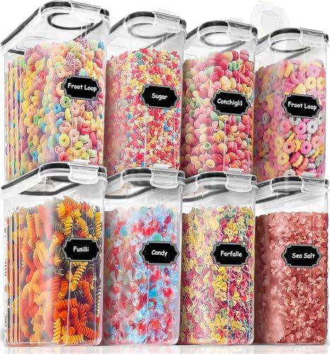 PRAKI Cereal Containers Storage Set (4L,135.2 Oz), 8PCS Airtight Food Storage Containers with Lids for Kitchen & Pantry Organizers and Storage, Cereal Dispensers with 20 labels, Measuring Cup & Marker