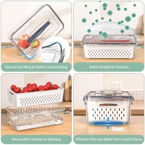 Anysig 5 Pack Fridge Fruit Storage Containers with Colander & Handle Lids