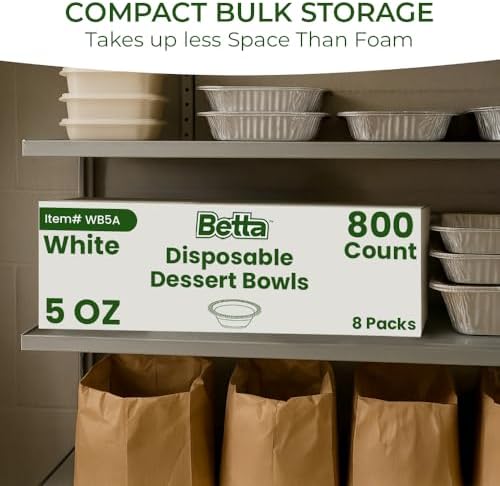 Betta 5 Oz Disposable Plastic Small Dessert Bowls, White, 800 Count, Bulk Case for Schools, Breakrooms and Cafeteria, Microwave Safe (8 Pack Per Box x100)