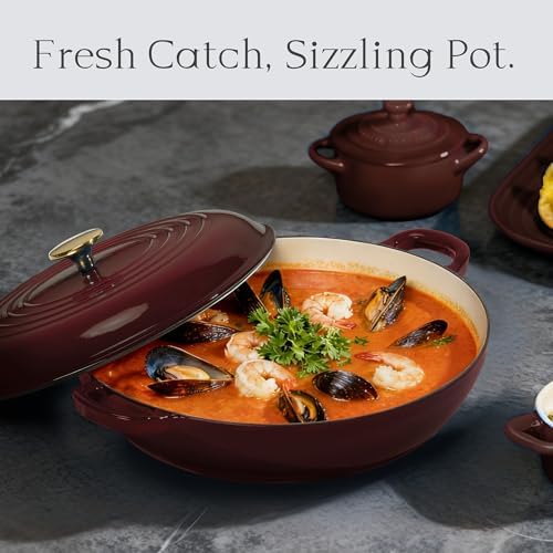 CAROTE 3.4QT Enameled Cast Iron Braiser Pan, Shallow Dutch Oven Casserole Skillets, Non-Toxic Cast Iron Pot with Lid for Grilling, Searing, Baking, Dual Handles, All Stovetop Compatible, Fig