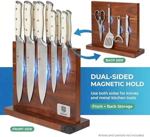 Magnetic Knife Block with Built-in Sharpener, Double-Sided Countertop Magnetic Knife Holder, Holds Up to 12 Knives & Metal Kitchen Tools, Brown