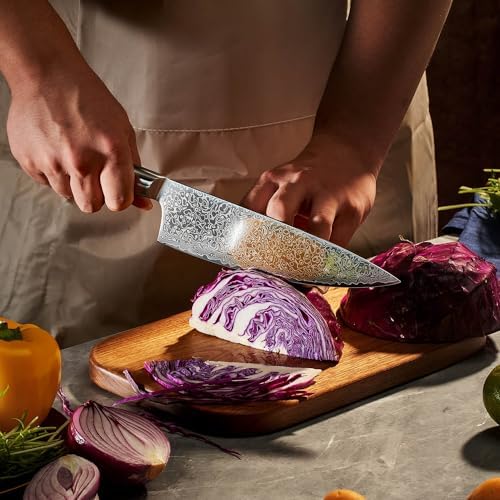 SENKEN 7-Piece Damascus Kitchen Knife Set - Dynasty Collection - 67-Layer Japanese VG10 Steel with Sycamore Wood Handles, Chef's Knife, Cleaver, Bread, Santoku, Boning, & More