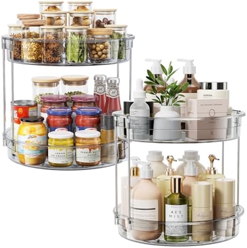 LAMU 2 Pack 2 Tier Lazy Susan Turntable Organizer 12'' Rotating Spice Rack Organization for Cabinet, Kitchen, Pantry, Countertop, Bathroom, Vanity, Medicine Cabinet Organizer, Grey